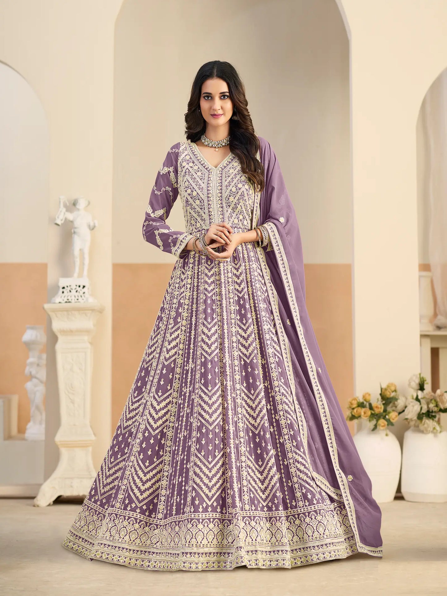 Pastel Purple Georgette Embroidery Gown