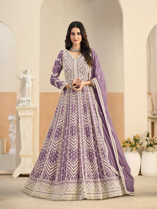 Pastel Purple Georgette Embroidery Gown