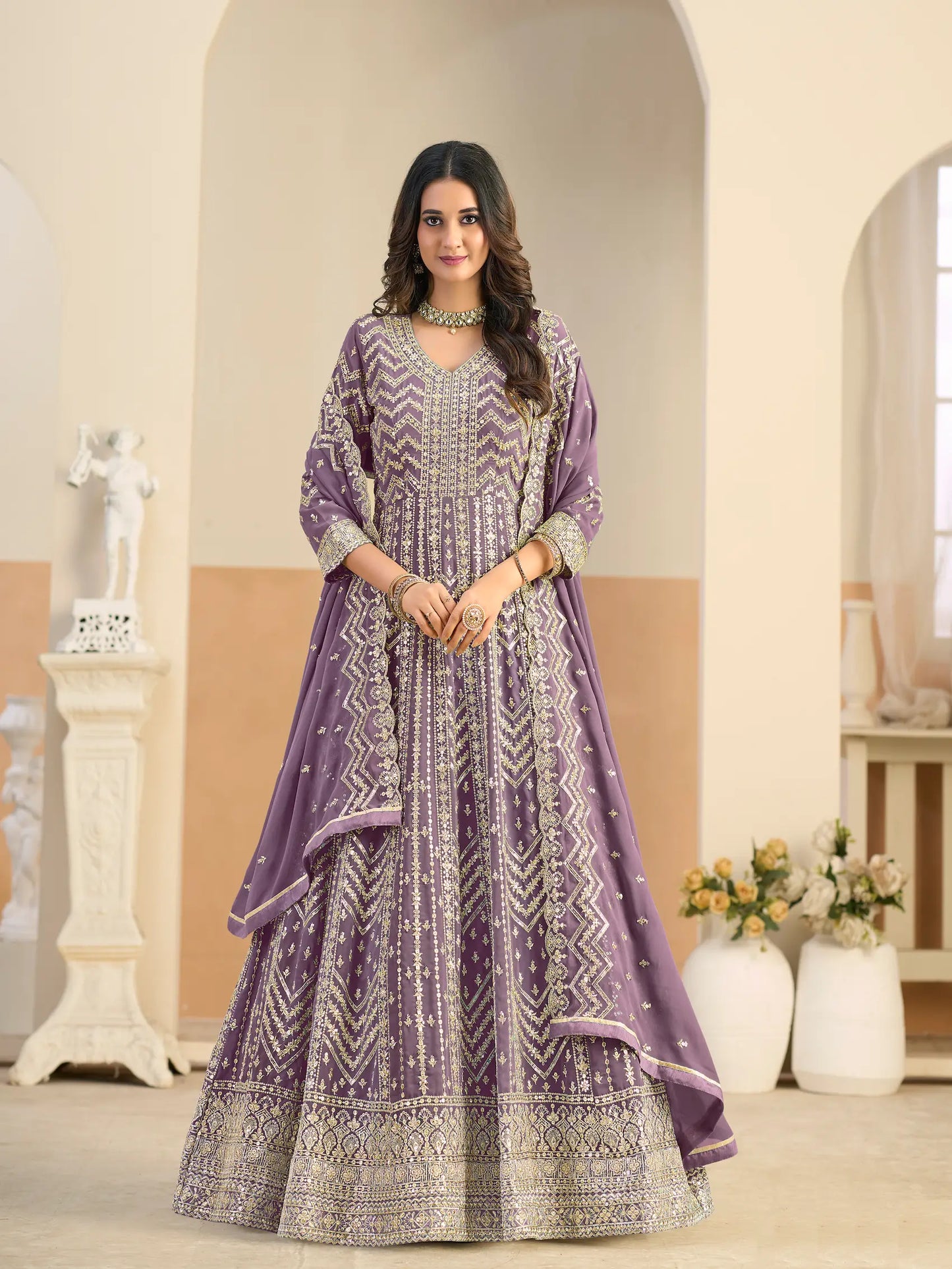 Lavender Georgette Embroidery Gown