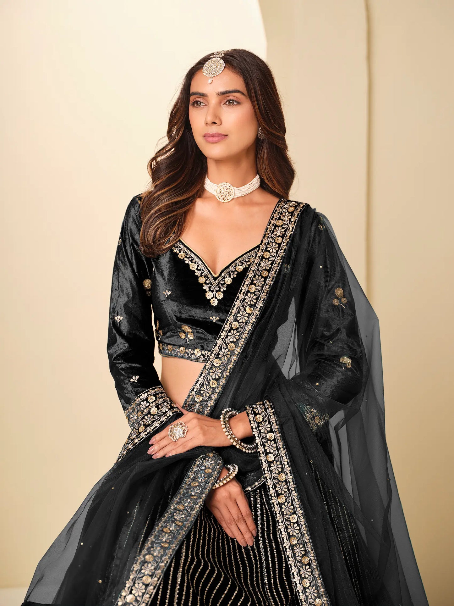 Hot Black Velvet Lehenga Choli With Embroidery