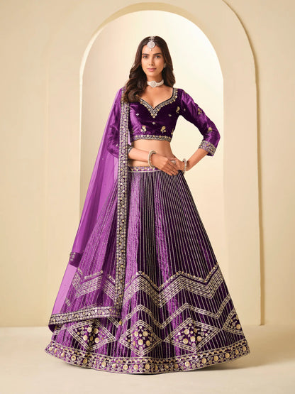 Deep Purple Velvet Lehenga Choli With Embroidery