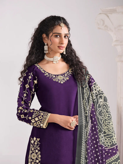 Purple Silk Salwar Suit With Mirror Work & Embroidery