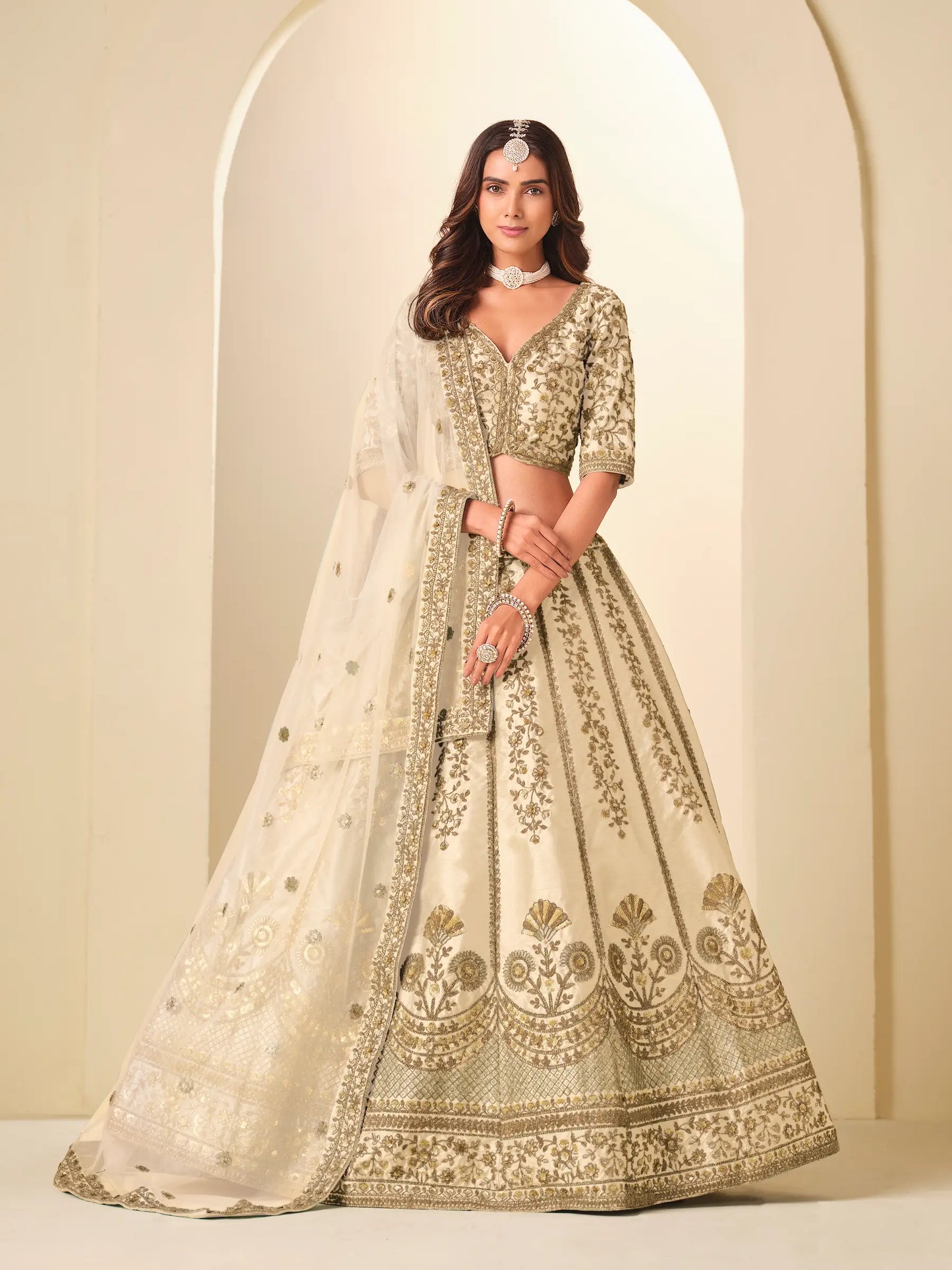 Almond Beige Art Silk Embroidered Lehenga Choli