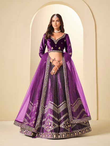 Deep Purple Velvet Lehenga Choli With Embroidery