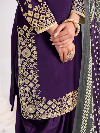 Purple Silk Salwar Suit With Mirror Work & Embroidery
