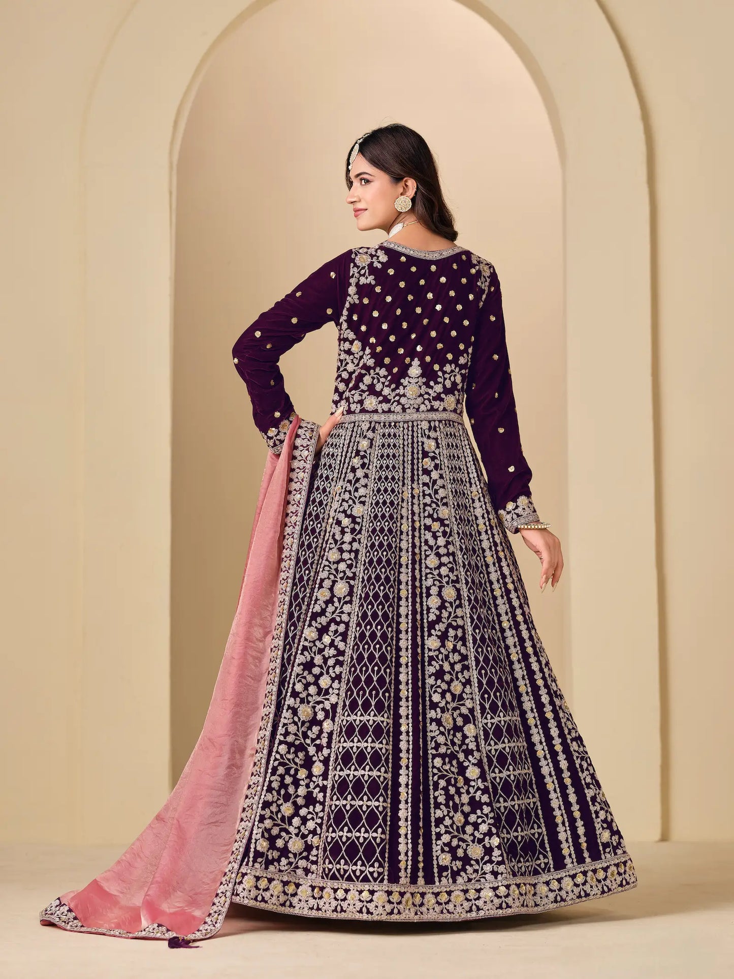 Dark Purple Velvet Heavy Embroidered Gown