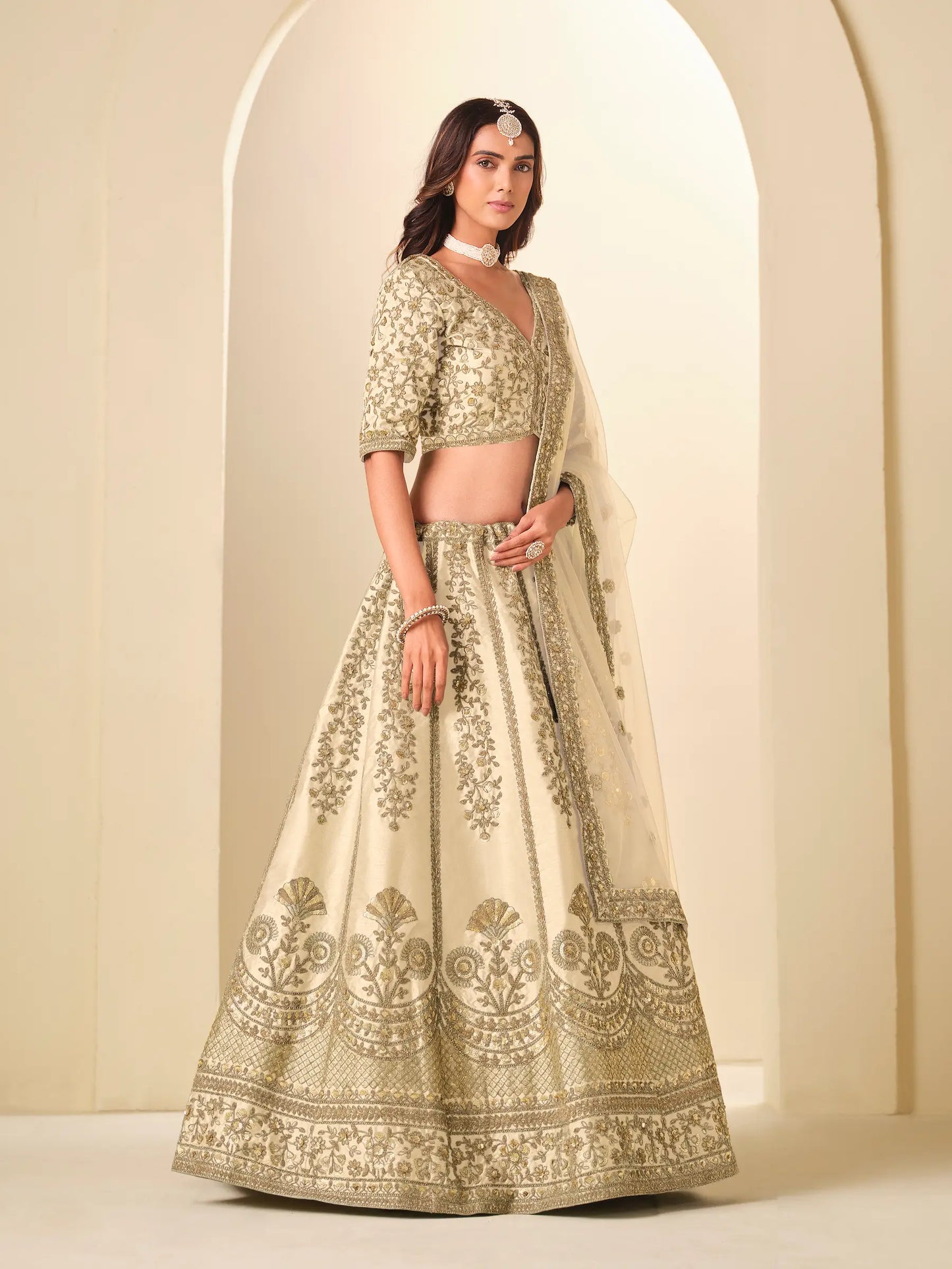 Almond Beige Art Silk Embroidered Lehenga Choli