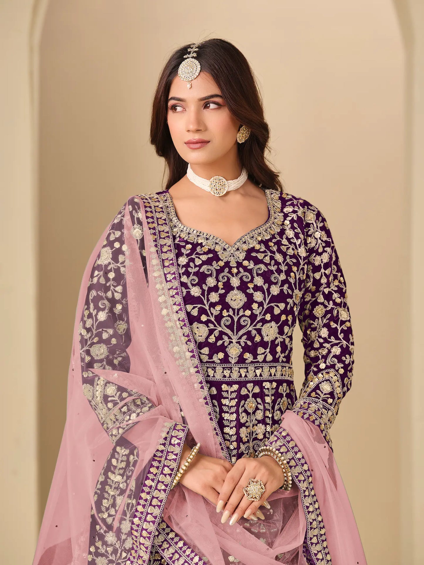 Deep purple Velvet Heavy Embroidered Gown