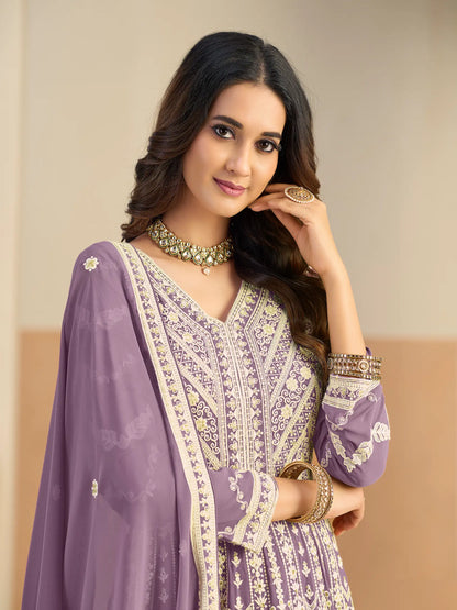 Pastel Purple Georgette Embroidery Gown