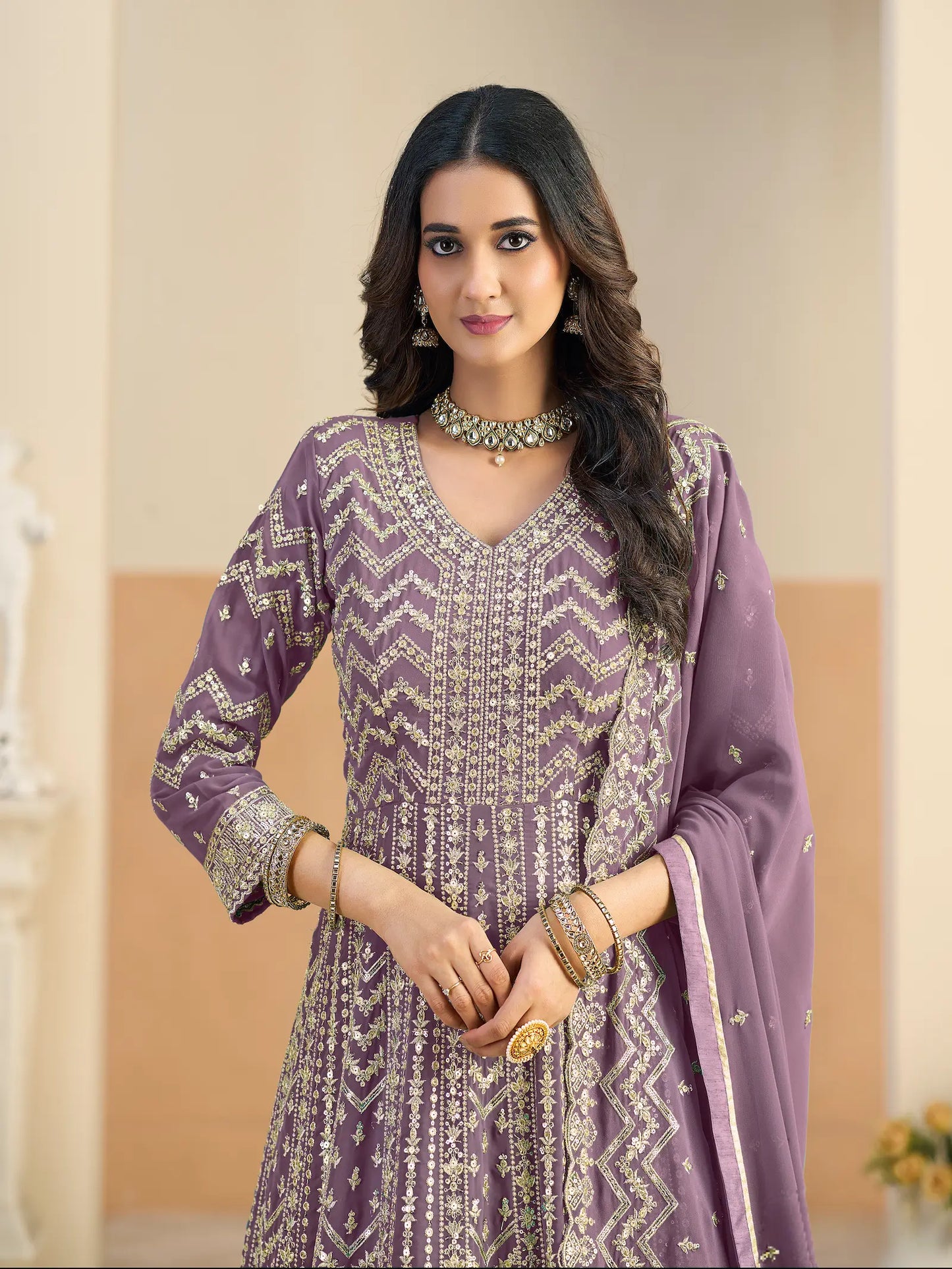 Lavender Georgette Embroidery Gown