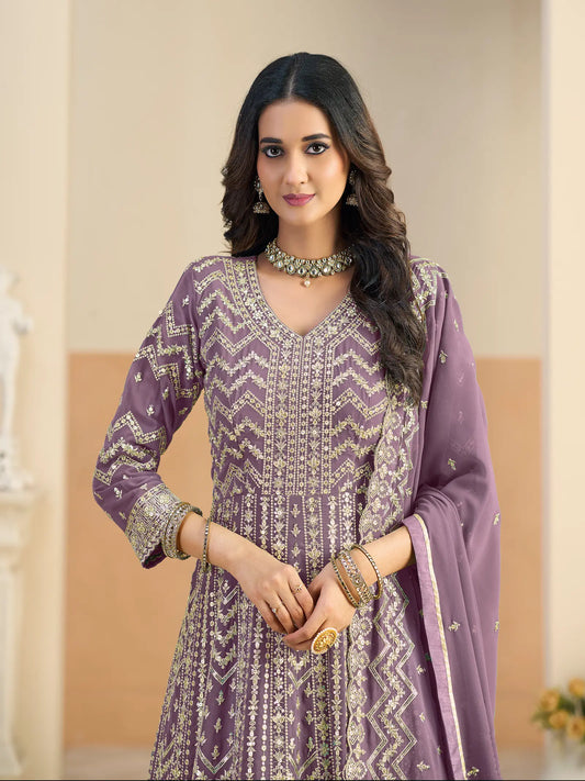 Lavender Georgette Embroidery Gown