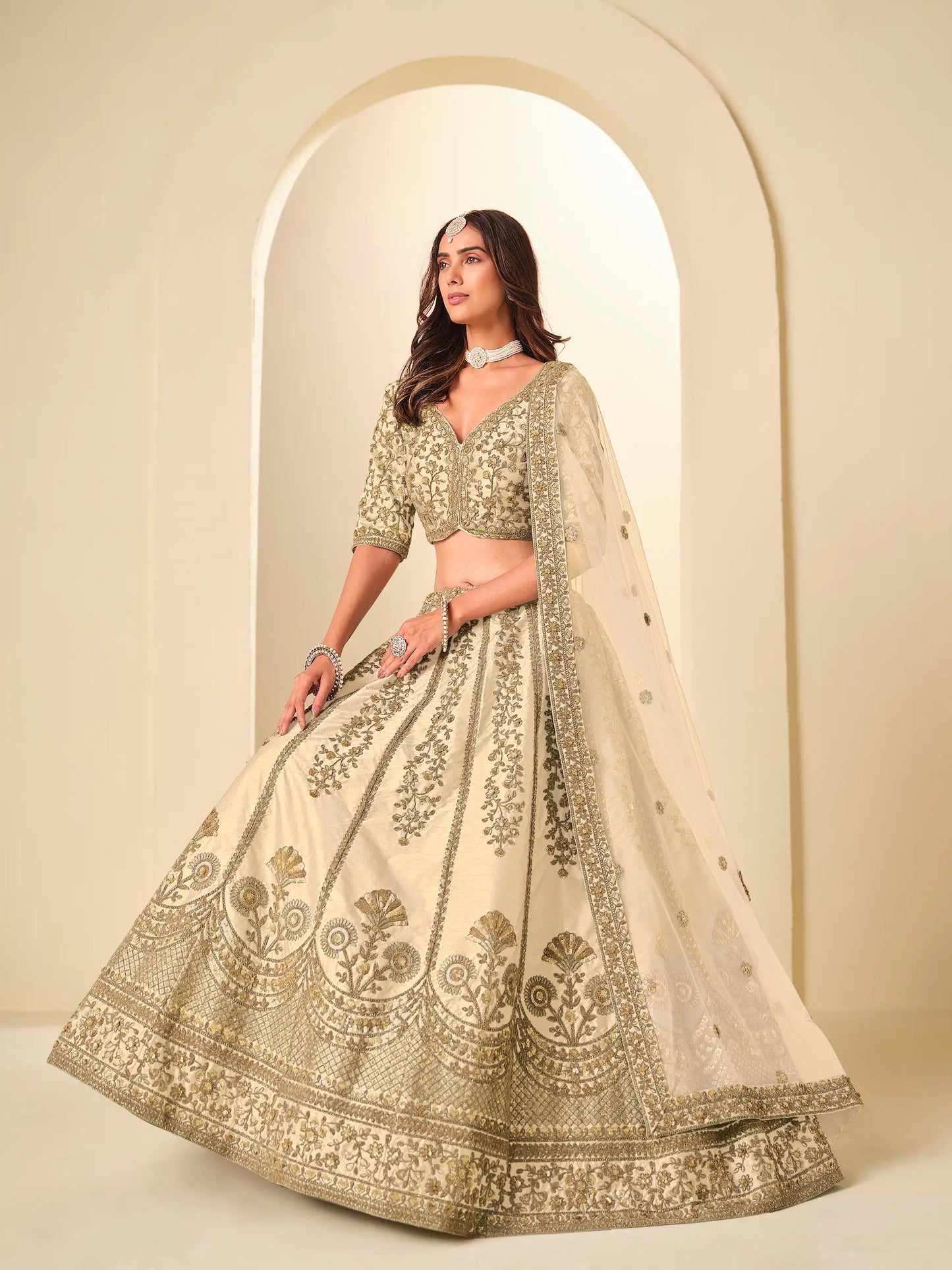 Almond Beige Art Silk Embroidered Lehenga Choli