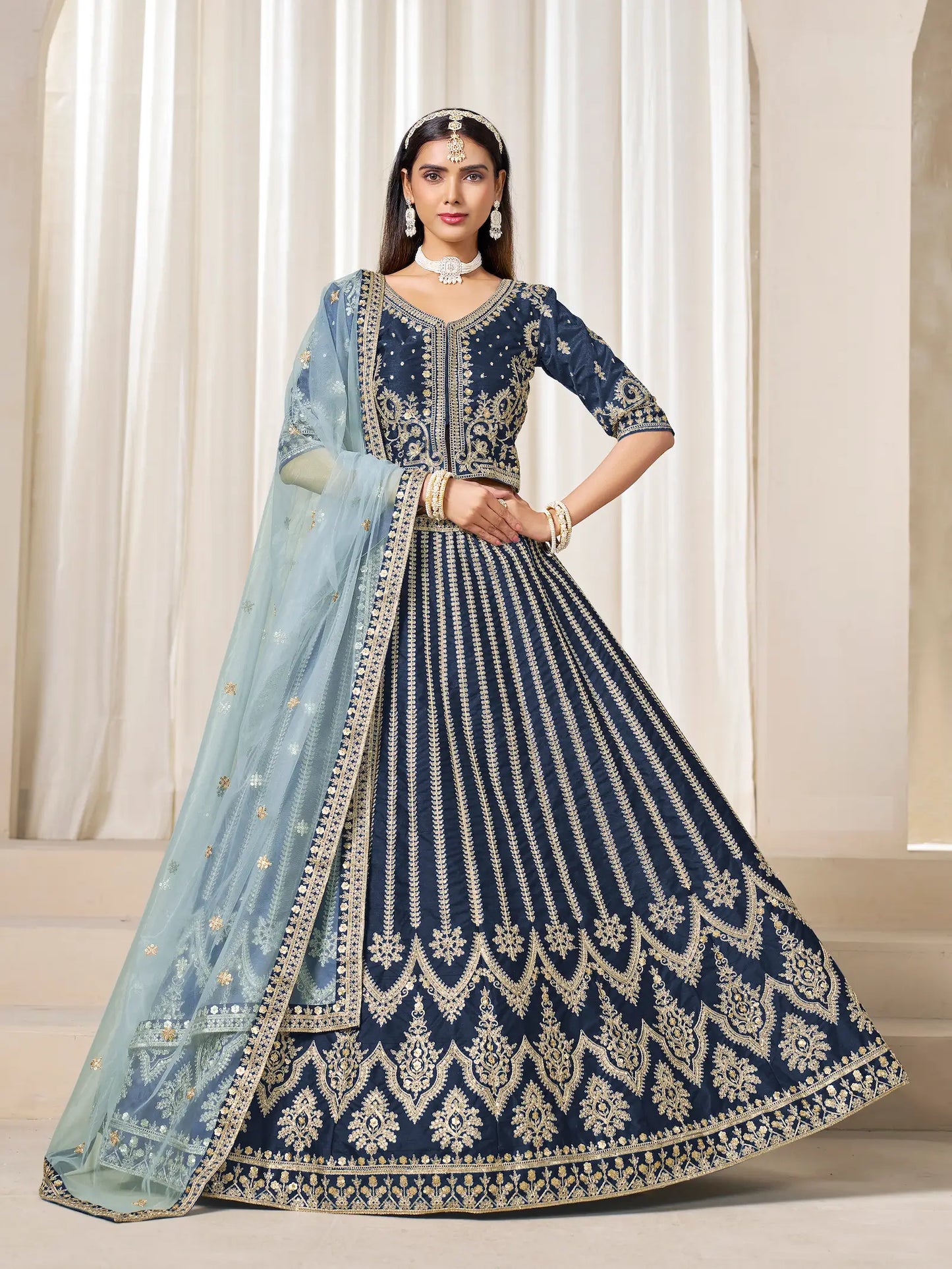 Navy Blue Art Silk Thread & Sequins Embroidery Lehenga Choli