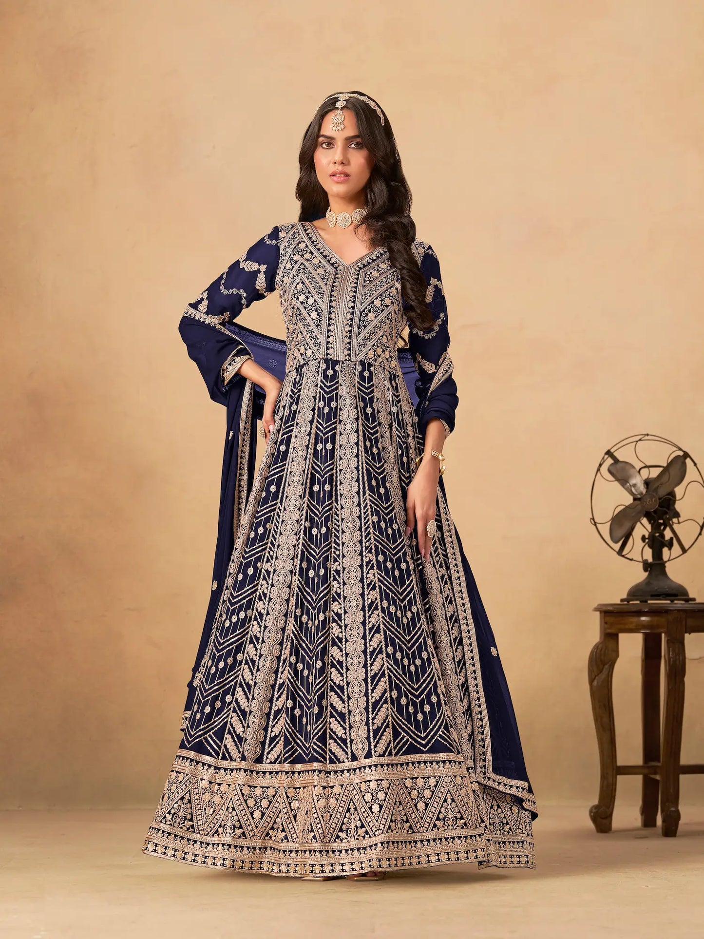 Navy Blue Georgette Embroidery Work Gown