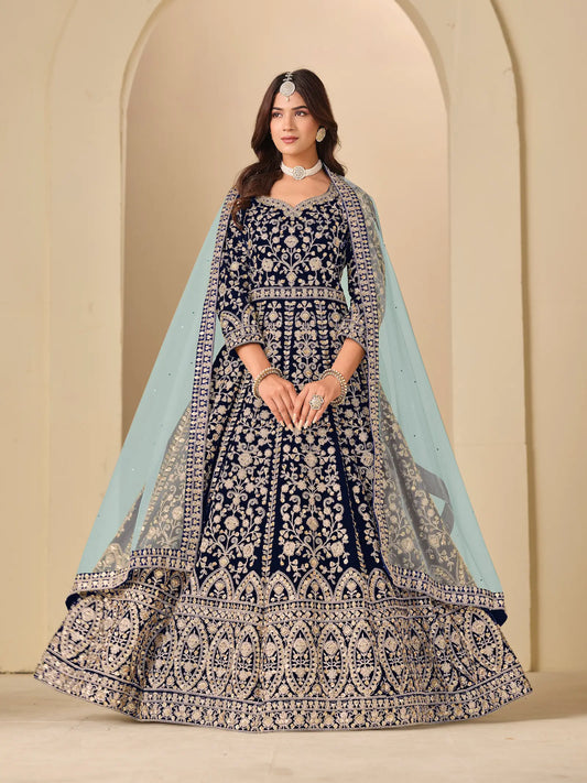 Navy Blue Velvet Heavy Embroidered Gown