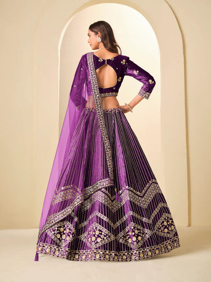 Deep Purple Velvet Lehenga Choli With Embroidery