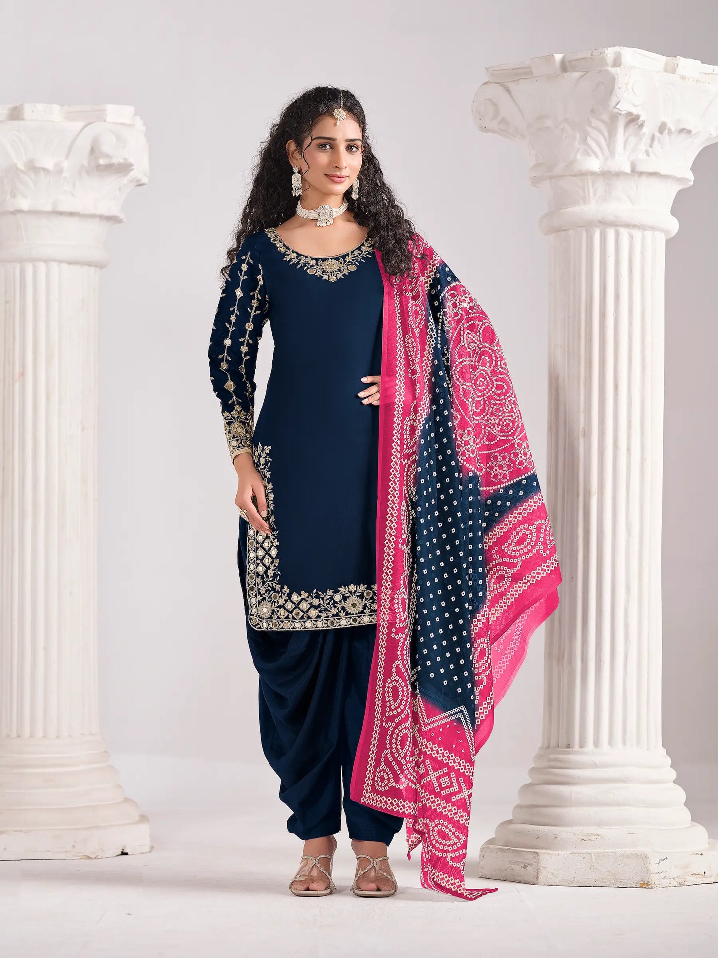 Navy Blue Silk Salwar Suit With Mirror Work & Embroidery