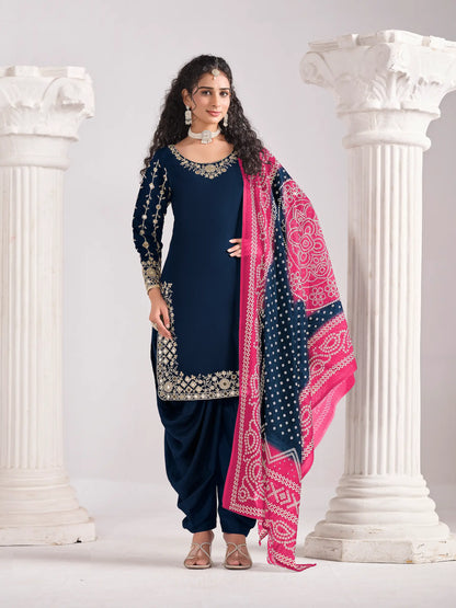 Navy Blue Silk Salwar Suit With Mirror Work & Embroidery