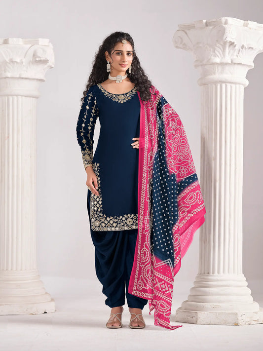 Navy Blue Silk Salwar Suit With Mirror Work & Embroidery