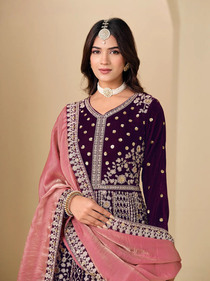 Dark Purple Velvet Heavy Embroidered Gown