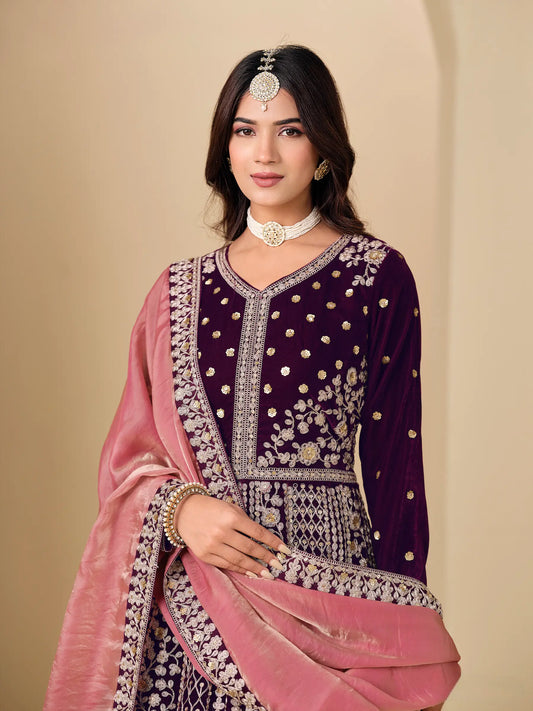 Dark Purple Velvet Heavy Embroidered Gown