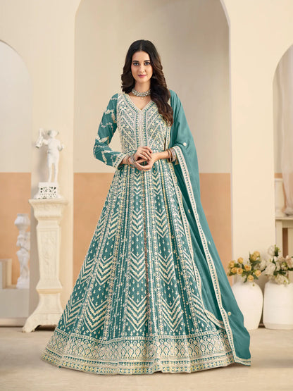 Dusty Teal Georgette Embroidery Gown