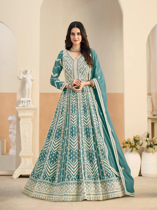 Dusty Teal Georgette Embroidery Gown
