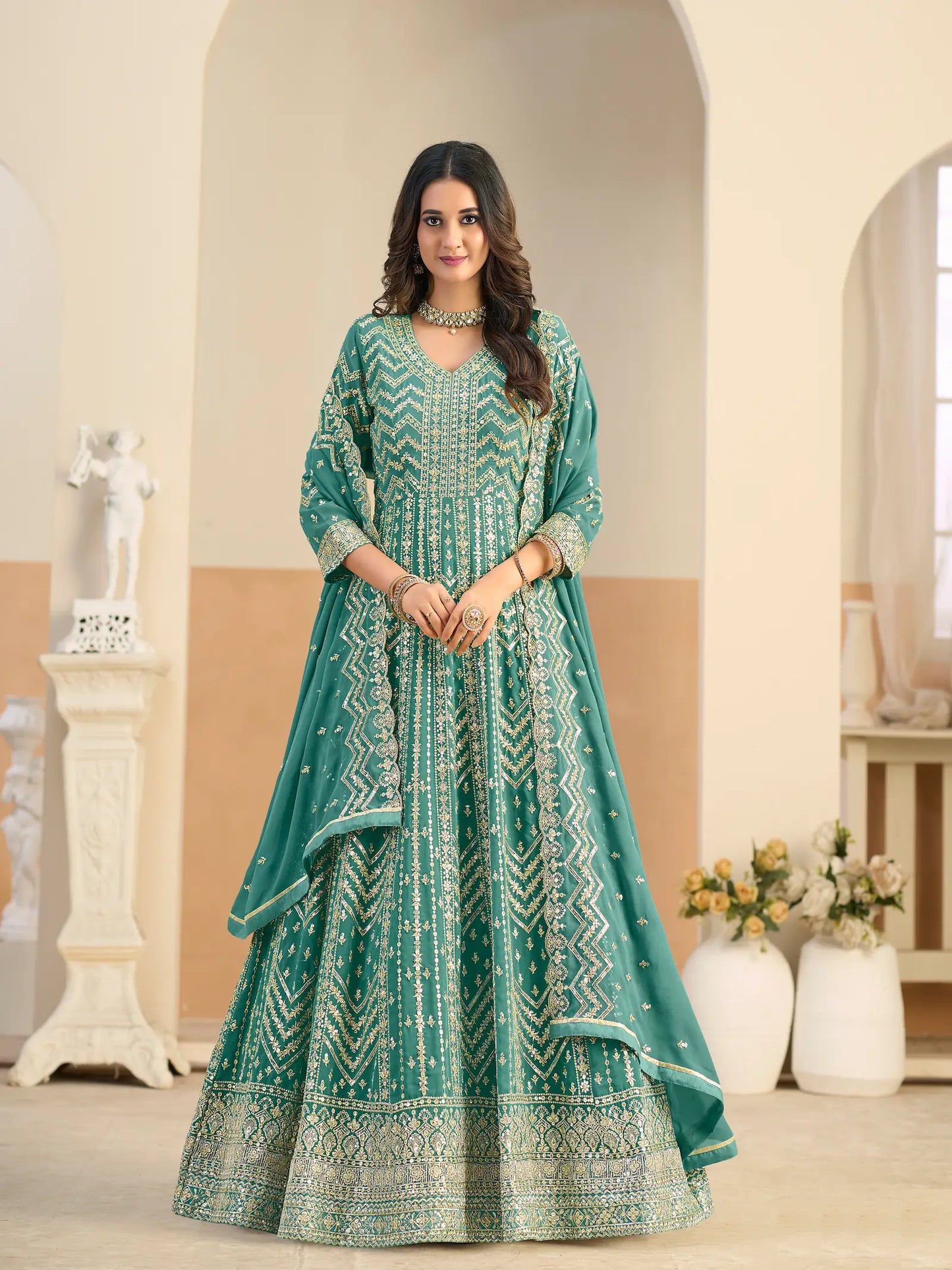 Aqua Blue Georgette Embroidery Gown