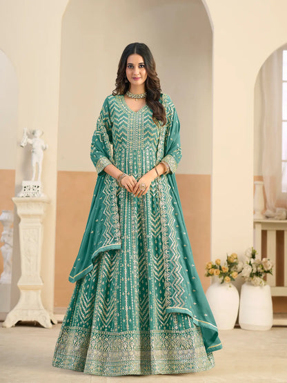 Aqua Blue Georgette Embroidery Gown