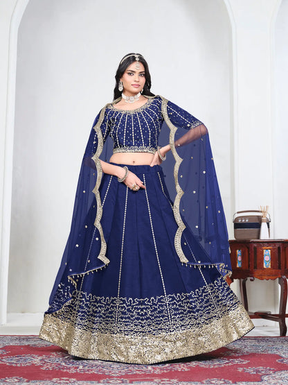 Navy Blue Art Silk Embroidery Lehenga Choli