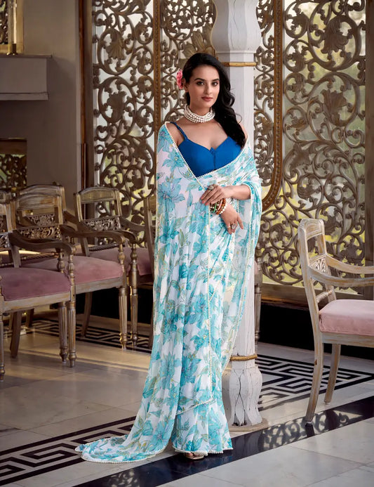 Sea Blue Weightless Marbal Saree With Floral Print &  Pearl Lace Border