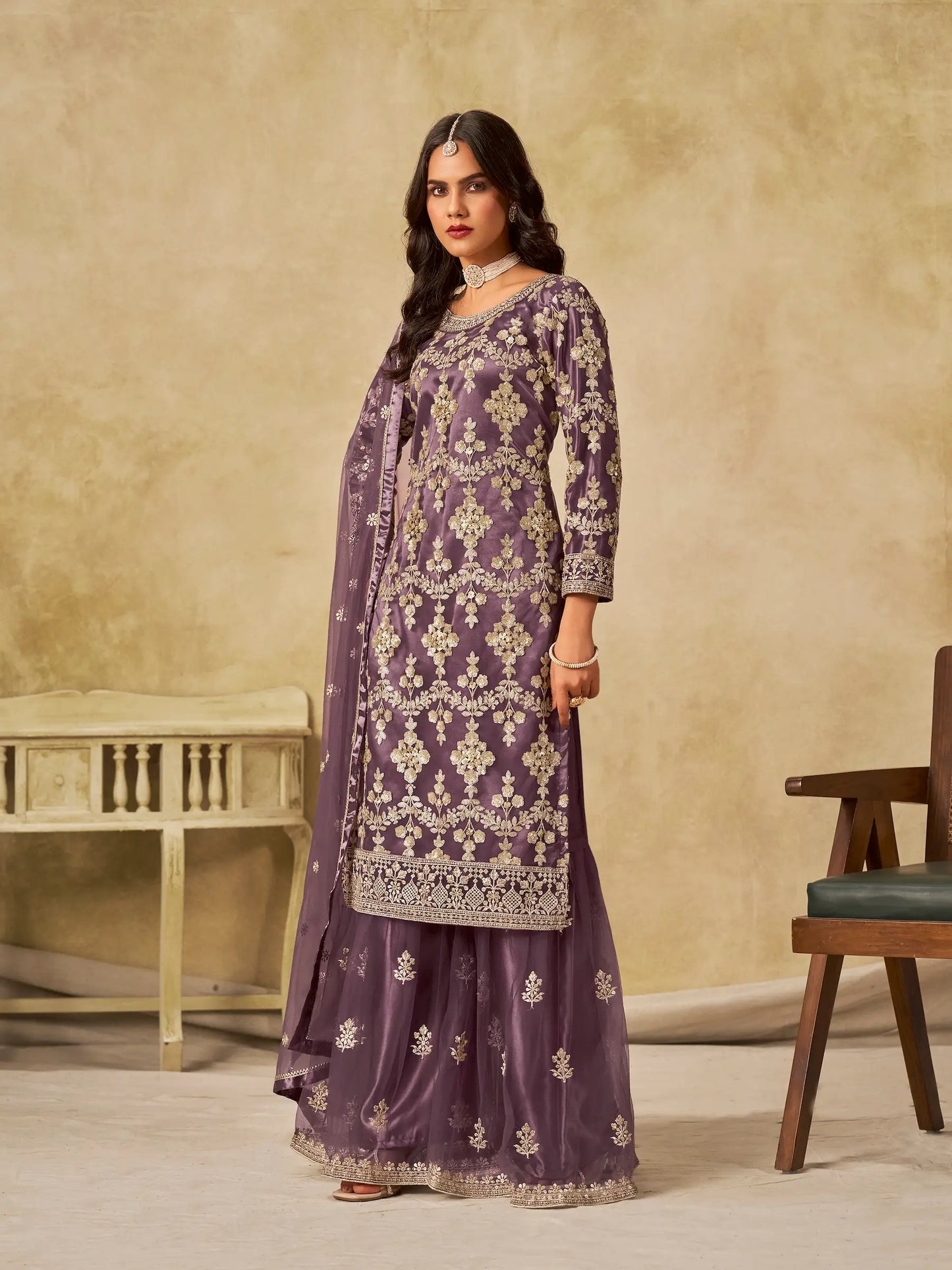 Dull Purple Net Palazzo Suit With Sequins Embroidery