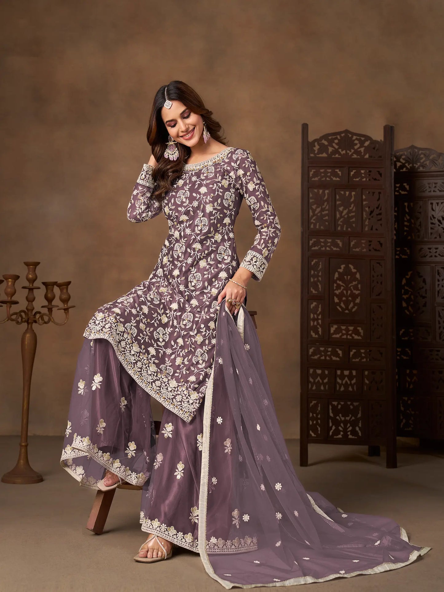 Dark Mauve Net Embroidery Palazzo Suit