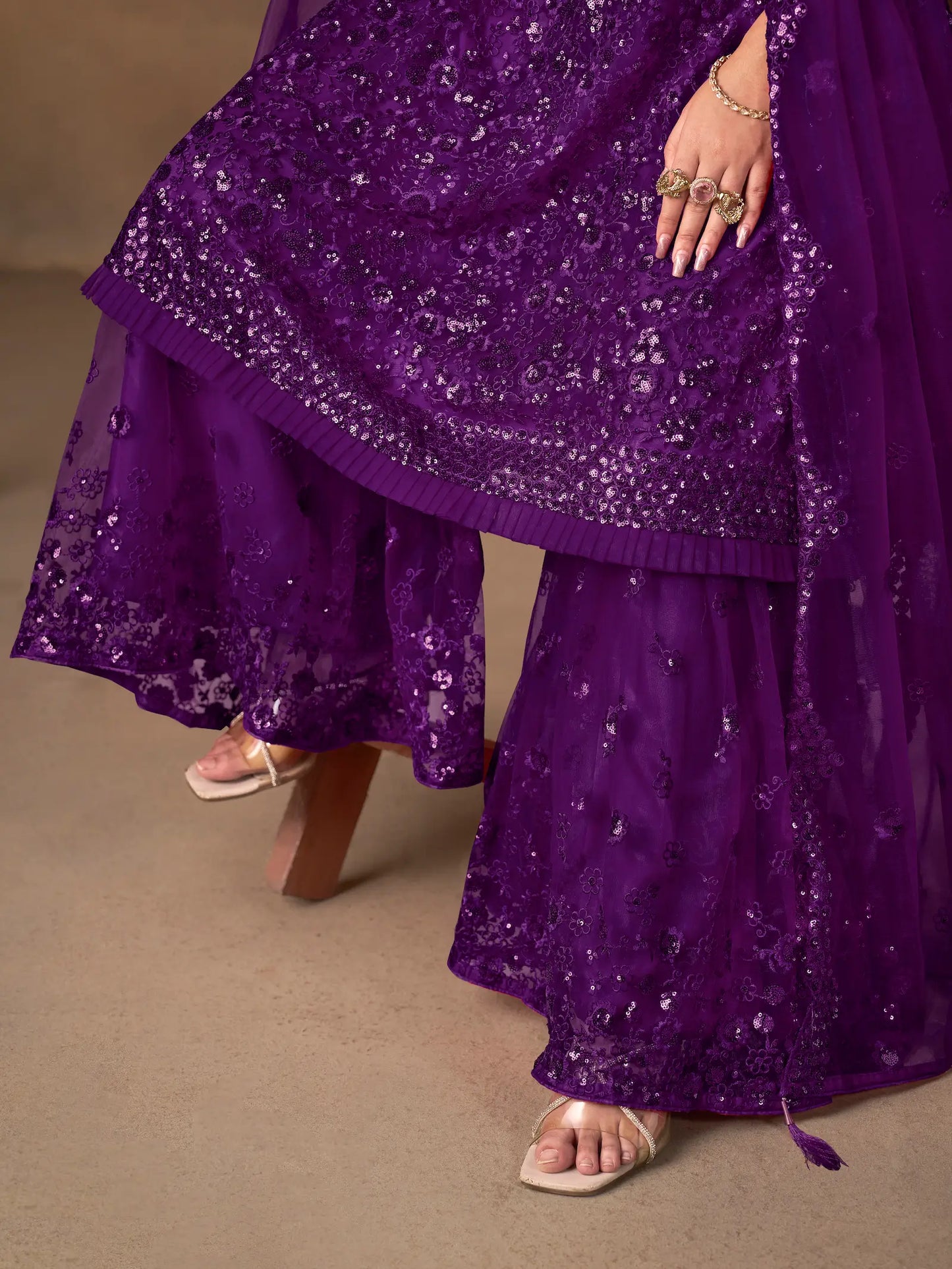 Purple Net Embroidery Work Sharara Set
