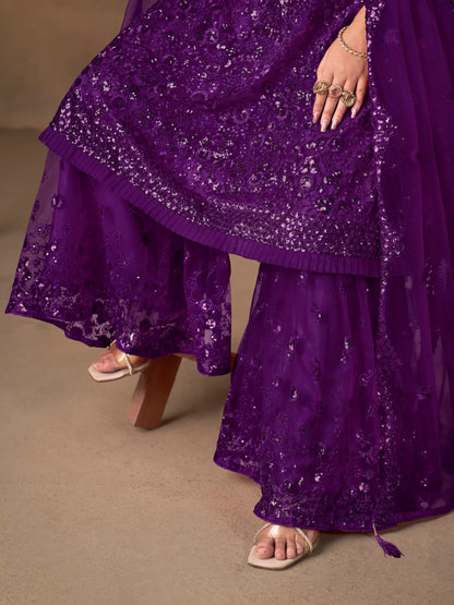 Purple Net Embroidery Work Sharara Set