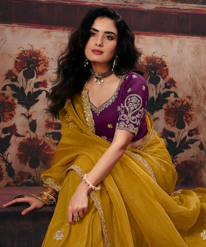 Mustard Gold Organza Embroidered Saree