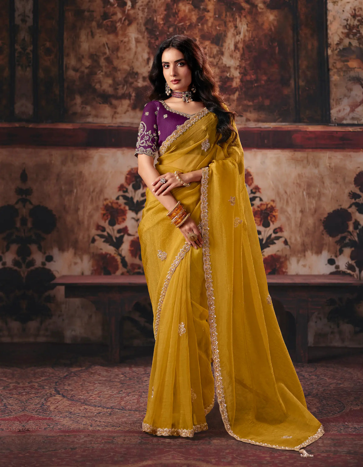 Mustard Gold Organza Embroidered Saree
