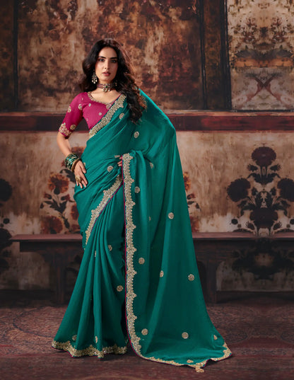 Teal Blue Bemberg Embroidered Saree