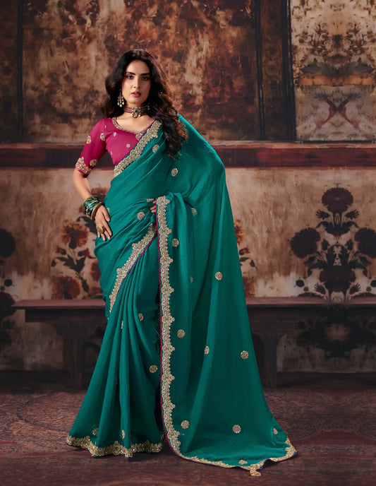 Teal Blue Bemberg Embroidered Saree