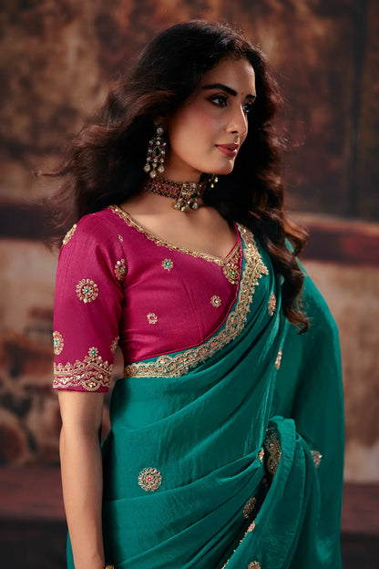 Teal Blue Bemberg Embroidered Saree
