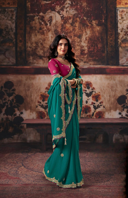 Teal Blue Bemberg Embroidered Saree
