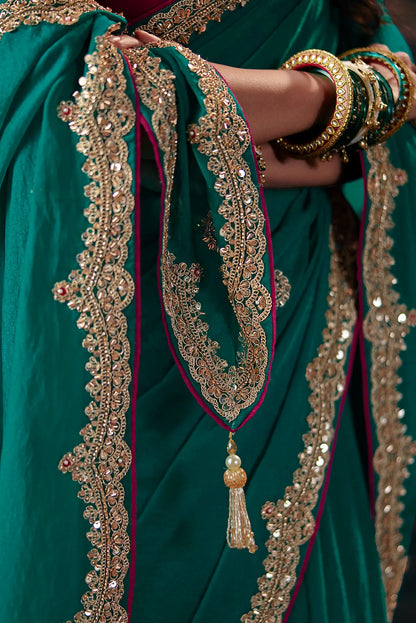 Teal Blue Bemberg Embroidered Saree