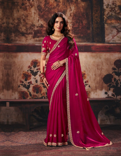 Deep Pink Satin Embroidered Saree