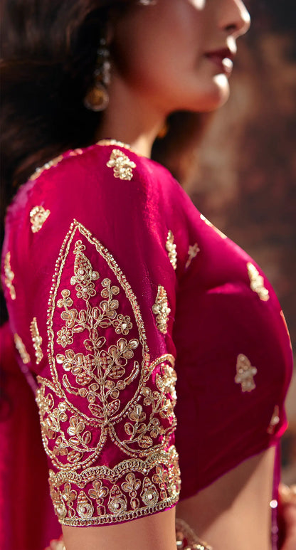 Deep Pink Satin Embroidered Saree