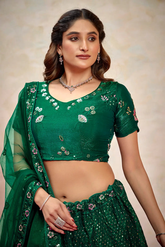 Green Net Thread & Sequence Embroidery Work Lehenga Choli