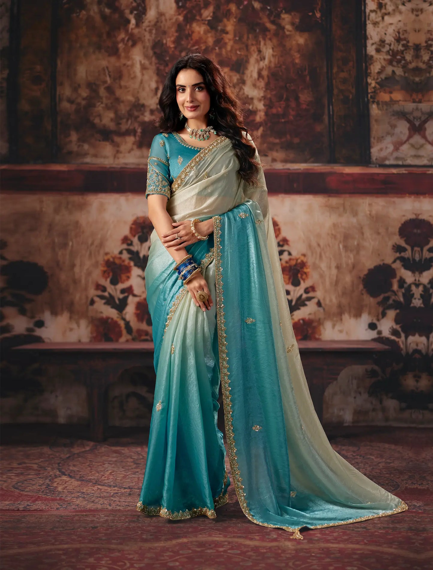 Ivory-Aqua Blue Satin Embroidered Saree