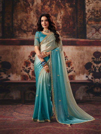 Ivory-Aqua Blue Satin Embroidered Saree