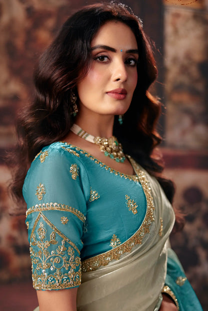 Ivory-Aqua Blue Satin Embroidered Saree