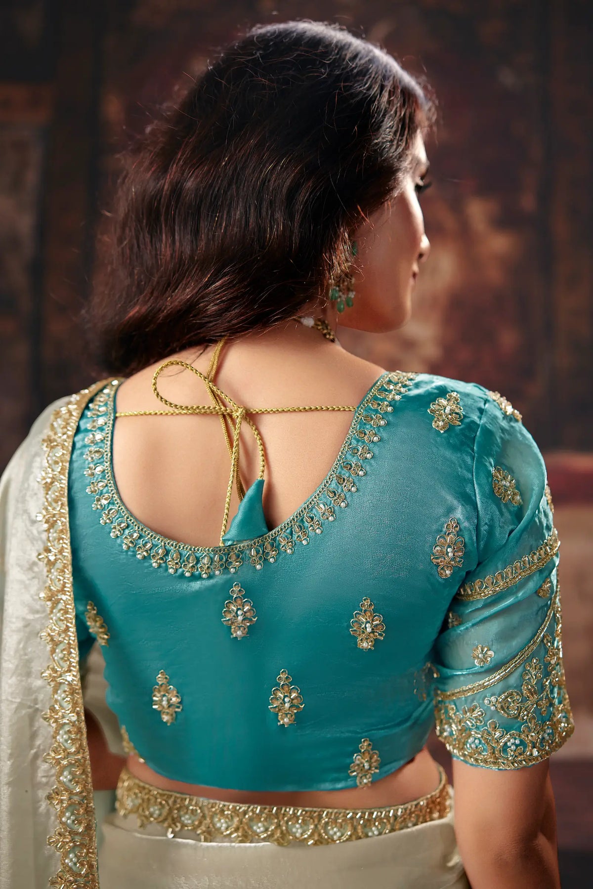 Ivory-Aqua Blue Satin Embroidered Saree