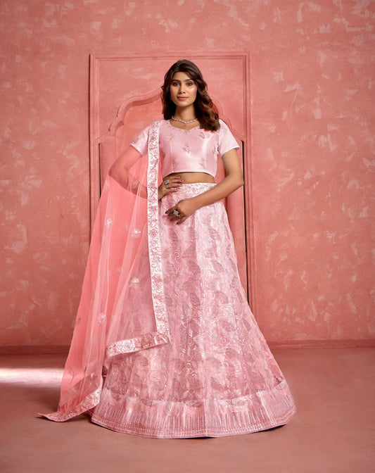 Peach Net Sequence & Thread Embroidery Work Lehenga Choli